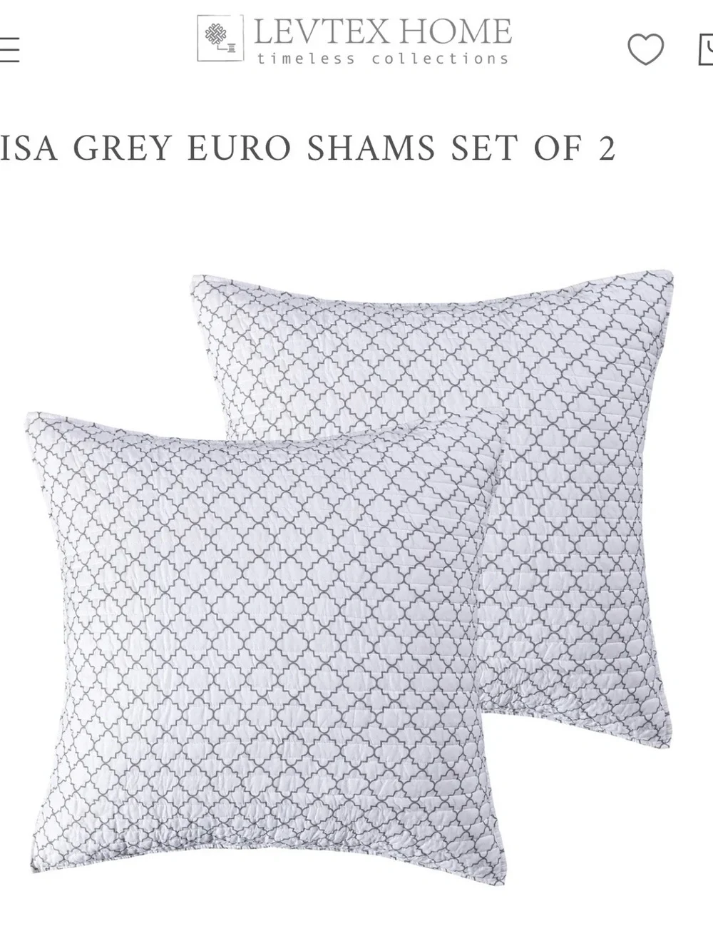 Levtex White and Grey Trellis Euro Shams - Set of 2 🩶🤍 100% cotton